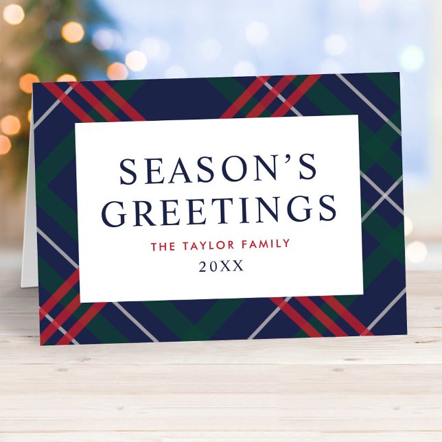 Elegant Navy Blue Tartan Plaid Seasons Greetings Holiday Card (Creator Uploaded)