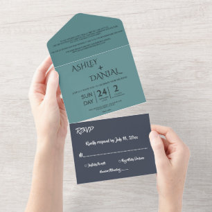 Elegant Navy Blue Teal Modern Chic Wedding All In One Invitation