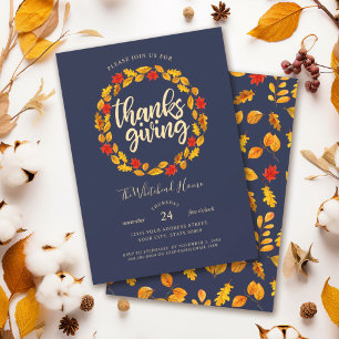 Elegant Navy Blue Thanksgiving Autumn Leaf Wreath Invitation
