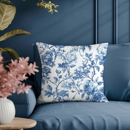 Elegant Navy Blue Toile de Jouy Rose Floral Pillow
