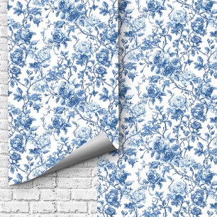 Elegant Navy Blue Toile Roses Floral Pattern Home Wallpaper