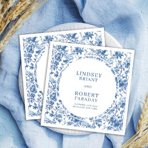 Elegant Navy Blue Toile Roses Personalized Wedding Napkins