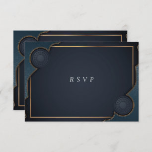 Elegant Navy Blue Turquoise and Gold Modern RSVP Card
