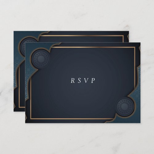 Elegant Navy Blue Turquoise and Gold Modern  RSVP Card