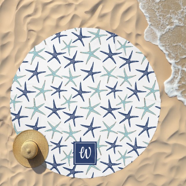 Elegant Navy blue Turquoise Star Fish Monogrammed Beach Towel (Beach)