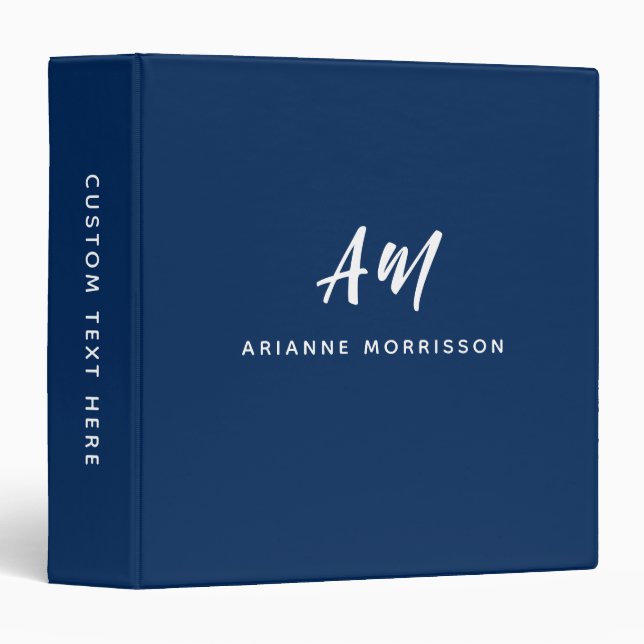 Elegant Navy Blue Two Monogram Casual Script Name 3 Ring Binder (Front/Spine)