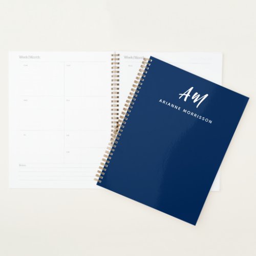 Elegant Navy Blue Two Monogram Casual Script Name Planner