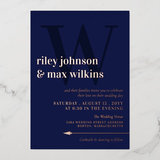 Elegant Navy Blue Typography Arrow Rose Gold Foil Invitation (Front)
