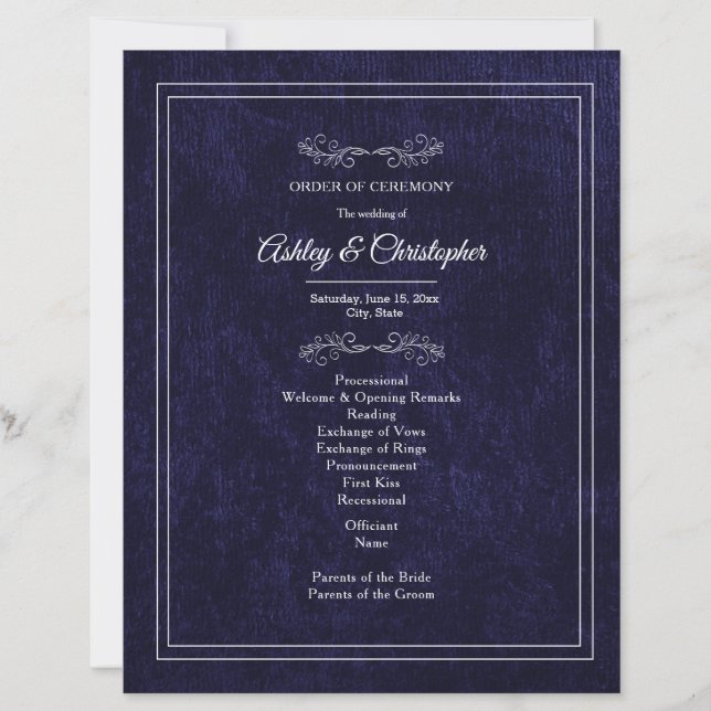 Elegant Navy Blue Velvet White Wedding Program (Front)