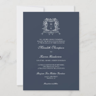 Elegant Navy Blue Vintage Crest Boho QR Code Photo Invitation