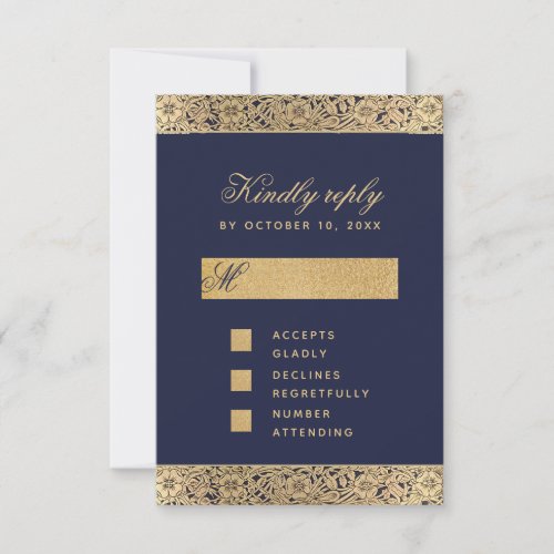 Elegant Navy Blue Vintage Faux Gold Roses Wedding RSVP Card