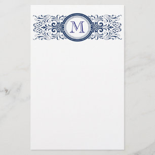 Elegant Navy Blue Vintage Filigree Monogram Stationery