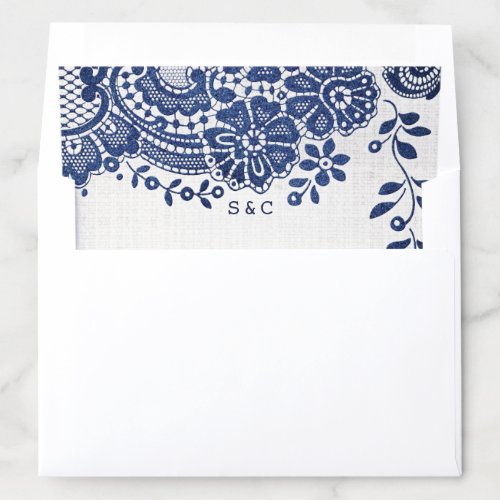 Elegant navy blue vintage lace rustic wedding envelope liner