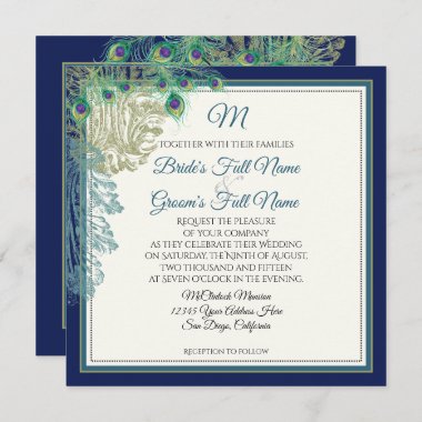Elegant Navy Blue Vintage Peacock Feathers Wedding Invitation
