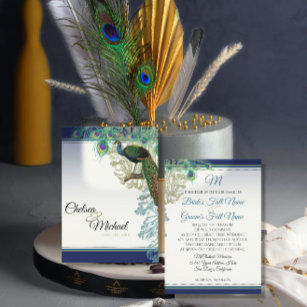 Elegant Navy Blue Vintage Peacock Feathers Wedding Invitation
