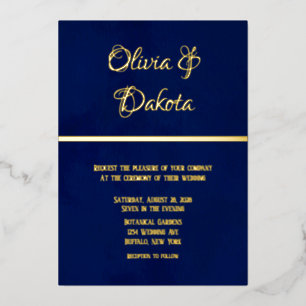 Elegant Navy Blue Watercolor And Gold Wedding Foil Invitation