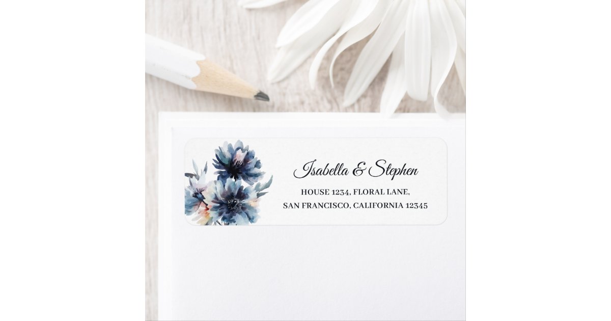 Elegant Navy Blue Watercolor Floral Return Address Label | Zazzle