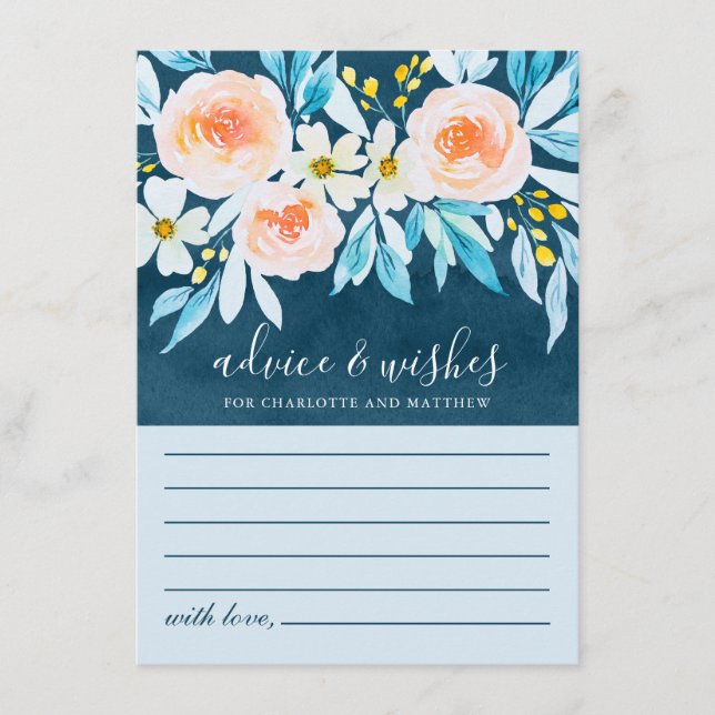 Elegant Navy Blue Watercolor Floral Wedding Advice Card (Front)