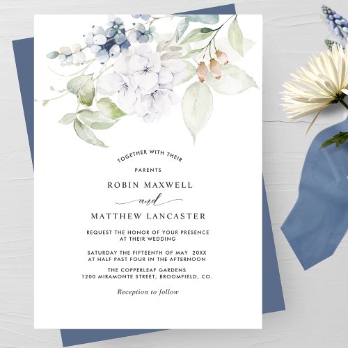 Elegant Navy Blue Watercolor Floral Wedding Invitation