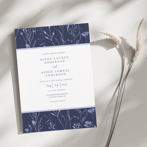 Elegant Navy Blue Watercolor Floral Wedding Invitation