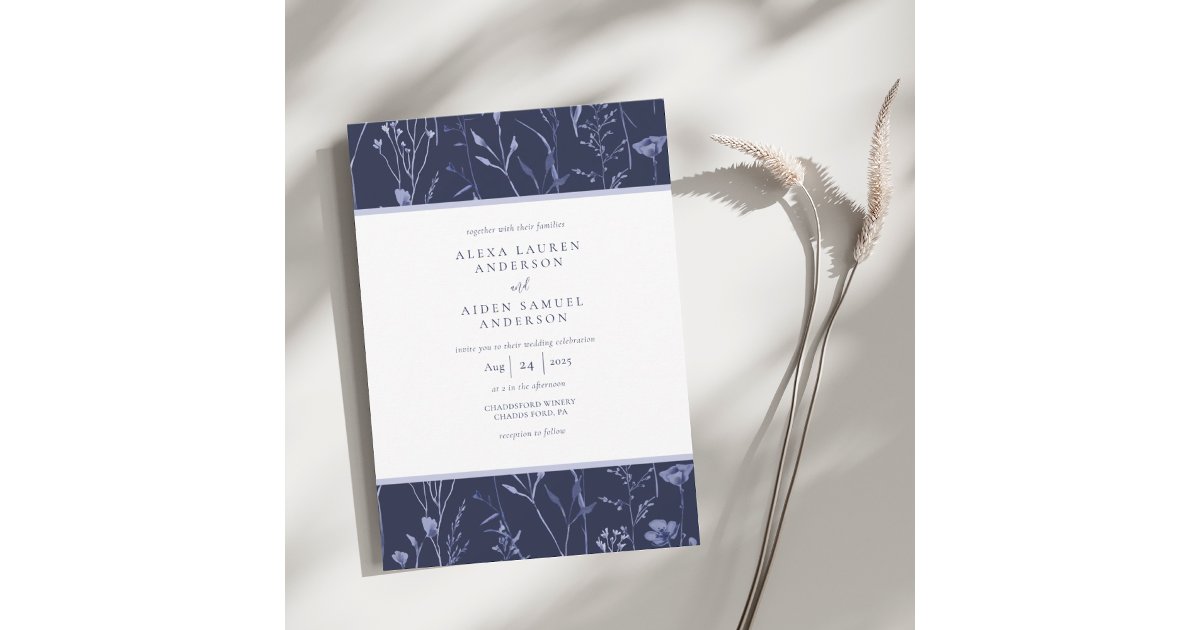 Elegant Navy Blue Watercolor Floral Wedding Invitation | Zazzle