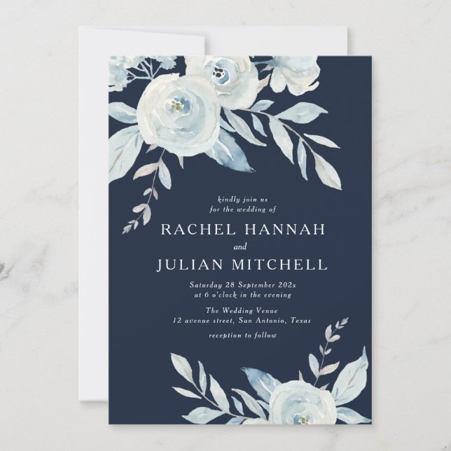 Elegant navy blue watercolor floral wedding invitation (Front)