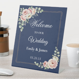 Elegant Navy Blue Watercolor Floral Wedding  Pedestal Sign