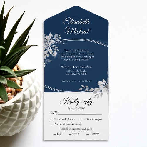 Elegant Navy Blue Watercolor Floral Wedding RSVP All In One Invitation