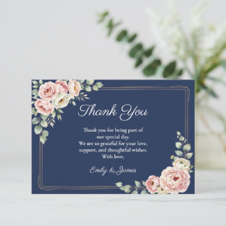 Elegant Navy Blue Watercolor Floral Wedding  Thank You Card