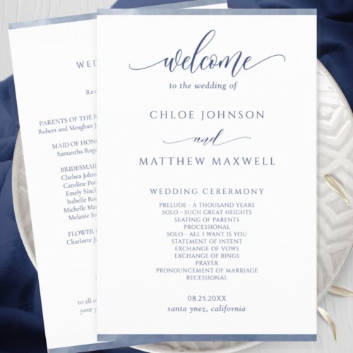 Elegant Navy Blue Watercolor Frame Wedding Program