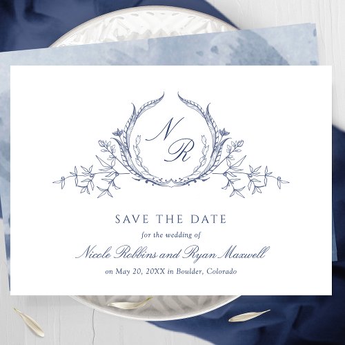 Elegant Navy Blue Watercolor Monogram Calligraphy Save The Date