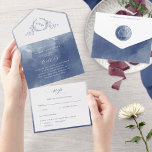Elegant Navy Blue Watercolor Monogram Wedding All In One Invitation<br><div class="desc">Elegant All- in- One tri- fold wedding invitation with perforated RSVP postcard. Design with exquisite navy and blue hues watercolor wash details and delicate hand drawn botanical monogram with couples initials. Modern hand written calligraphy elements. Environmentally friendly, as there is no need for extra insert cards, RSVP cards or even...</div>