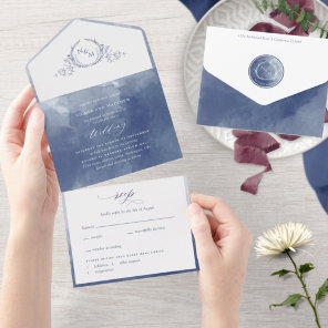 Elegant Navy Blue Watercolor Monogram Wedding All In One Invitation
