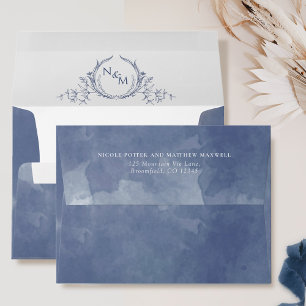 Elegant Navy Blue Watercolor Monogram Wedding Enve Envelope