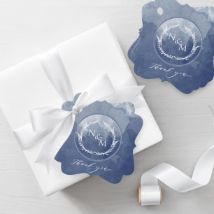 Elegant Navy Blue Watercolor Monogram Wedding Favor Tags