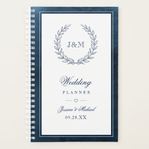Elegant Navy Blue  Watercolor Monogram Wedding Planner