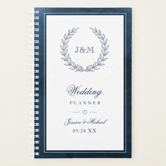 Elegant Navy Blue Watercolor Monogram Wedding Planner | Zazzle