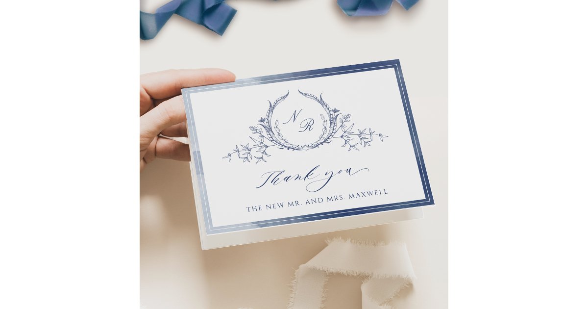 Elegant Navy Blue Watercolor Monogram Wedding Thank You Card | Zazzle