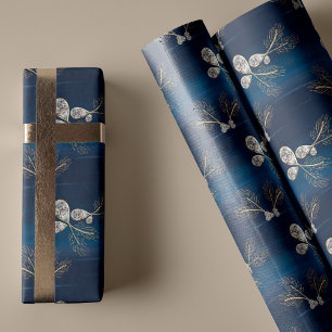 Elegant Navy Blue Watercolor Pine Needles & Jewels Wrapping Paper