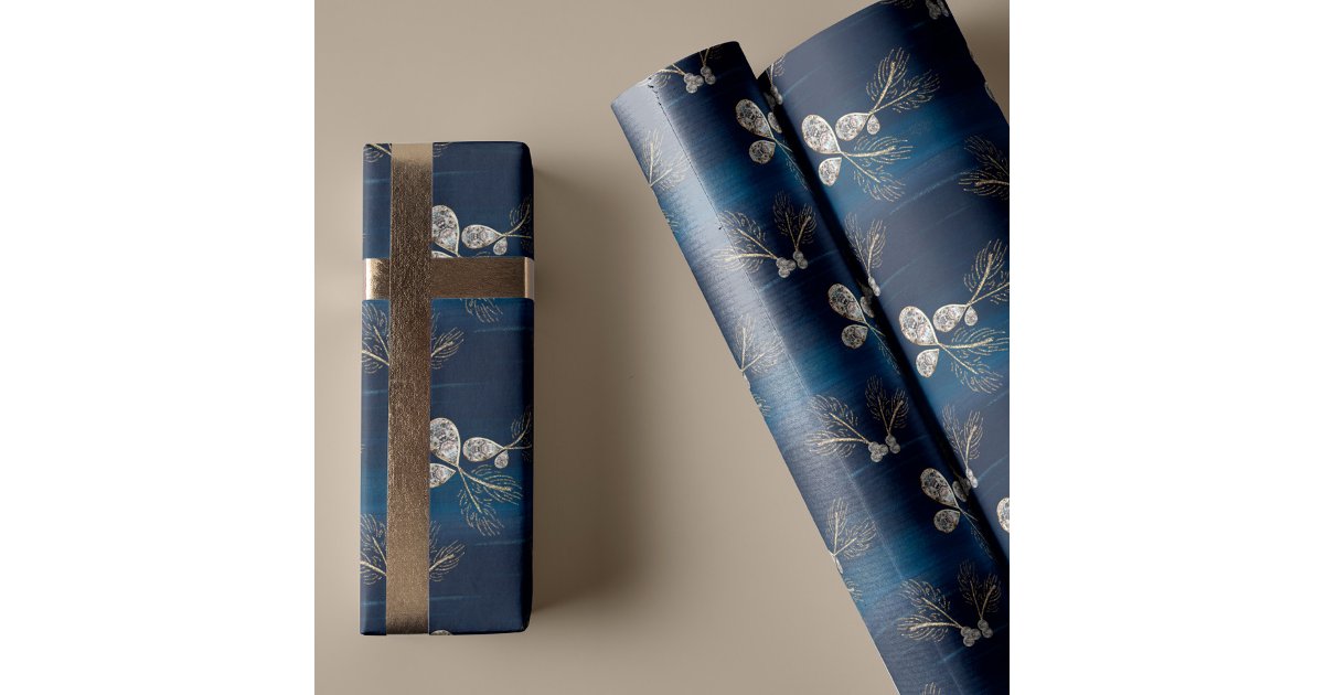 Elegant Navy Blue Watercolor Pine Needles & Jewels Wrapping Paper | Zazzle