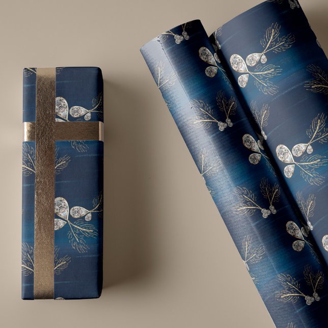 Elegant Navy Blue Watercolor Pine Needles & Jewels Wrapping Paper (Elegant Navy Blue Watercolor Pine Needles & Jewels Wrapping Paper)
