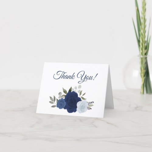 Elegant Navy Blue Watercolor Roses Wedding Photo Thank You Card