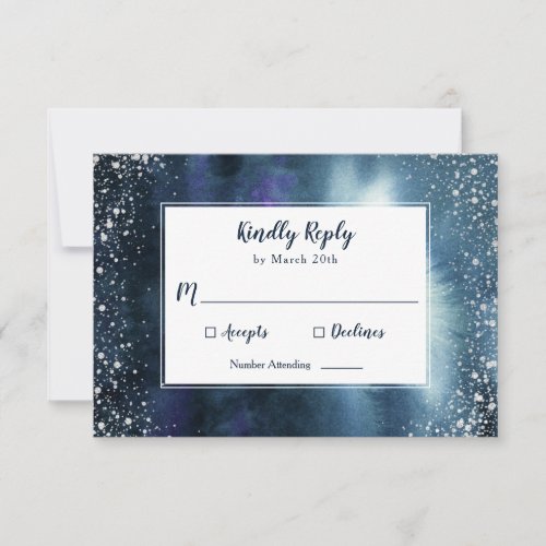 Elegant Navy Blue Watercolor Silver Glitter RSVP Card