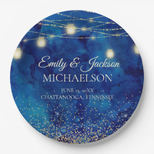 Elegant Navy Blue Watercolor String Lights Wedding Paper Plates