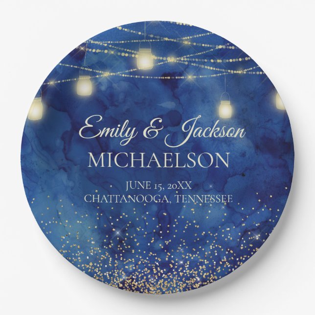 Elegant Navy Blue Watercolor String Lights Wedding Paper Plates (Front)