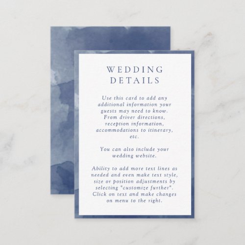 Elegant Navy Blue Watercolor Wedding Details Enclosure Card