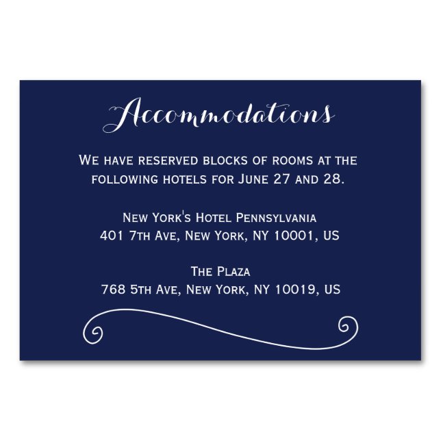 Elegant Navy Blue Wedding Accommodation Cards (Front)