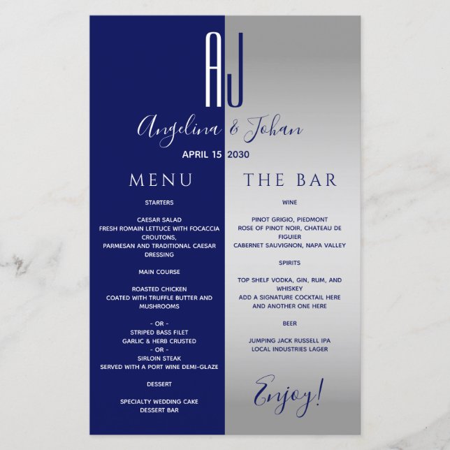 Elegant Navy Blue Wedding Bar Menu (Front)