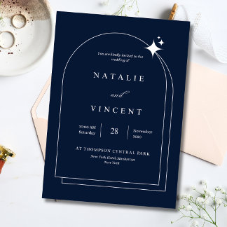 Elegant Navy Blue Wedding Celestial Arch Modern Foil Invitation