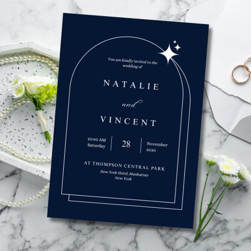 Elegant Navy Blue Wedding Celestial Arch Modern Foil Invitation